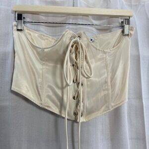 Fashion Nova Corset Top Cream‎ Lace Up Zipper Front Boned Style M Coquette Club